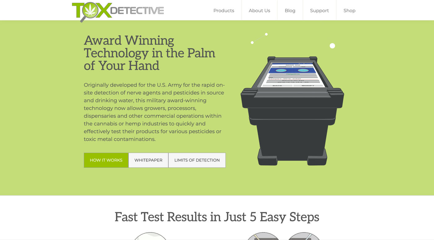 The ToxDetective.com homepage, leading with the device's US Army origins
